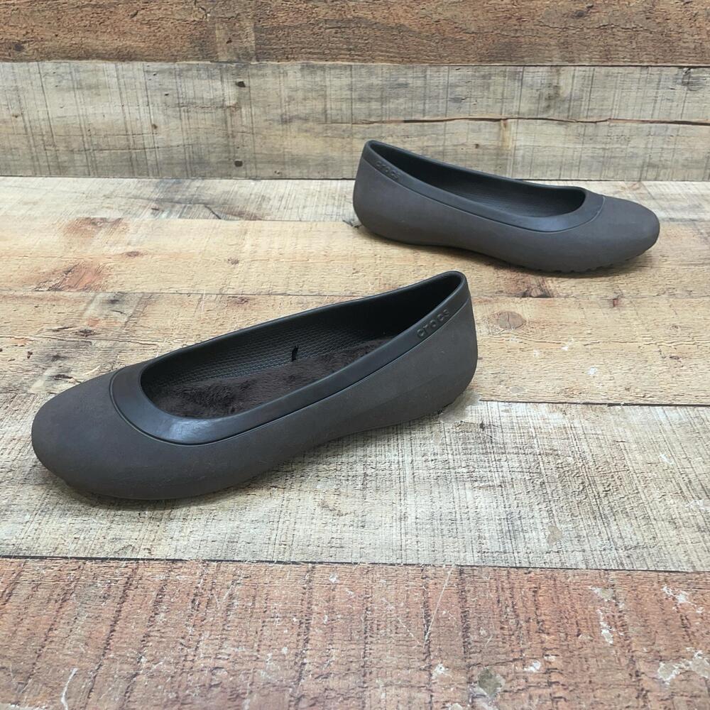 Crocs Ballet Flats Womens Size 7 37.5 Brown Faux Fur Slip On Comfort Shoes
